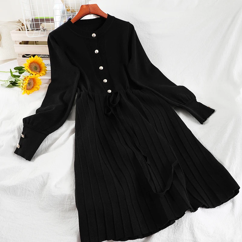 V550 Hepburn stil mic negru rochie versiunea coreeană nou bottom dantela in talie rochie tricot vrac femei de moda