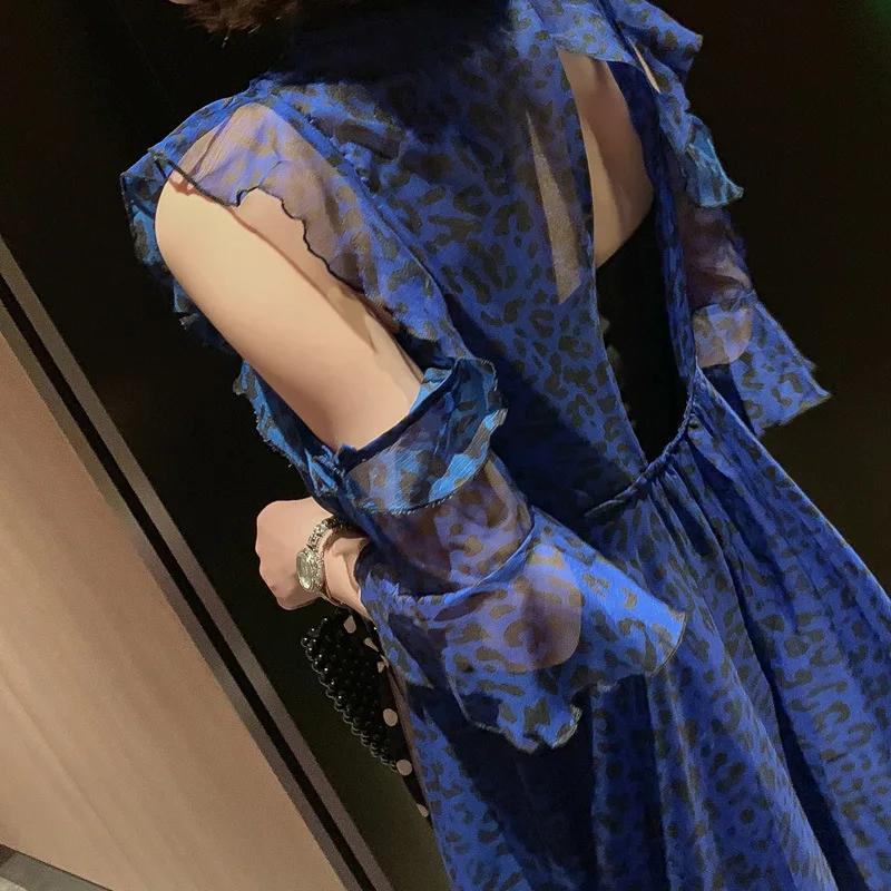 2020 Nou Brand Pista Elegant Albastru Două Bucata Set pentru Femei de Pe Umăr Rochie de Leopard și Negru, cu Spatele gol Sexy Rochii de Partid