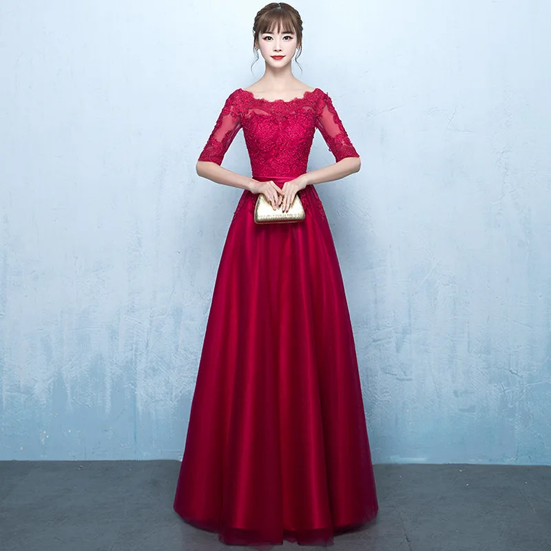 Roșu închis Femei O-Gât Lace Party Dress Sexy de Seara de Banchet Elegante de Bal Stil Chinezesc Rochie Lungă Vestido XS-3XL