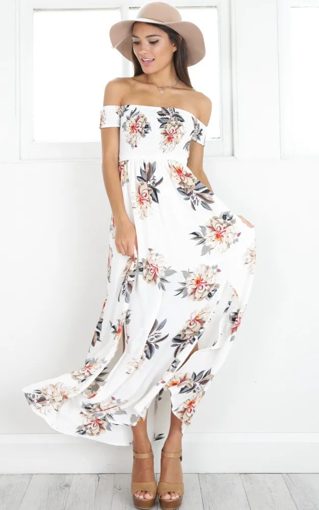 Rochie de vara 2020 stil Boho șifon rochie lunga pentru femei de Pe umăr print Floral Vintage alb halat sexy split plajă maxi rochie