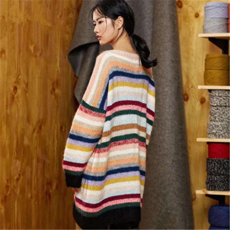 Realizate manual din lână Oneck subțire tricot femei streetwear curcubeu cu dungi H-drepte pulover pulover una si peste dimensiunea