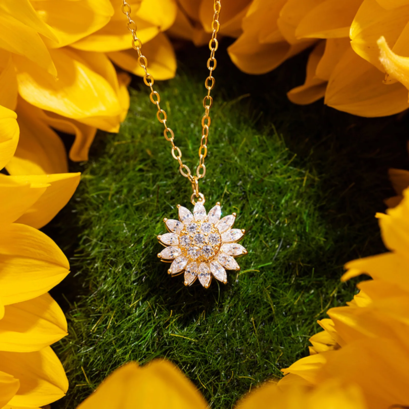 Rotativ de Floarea-soarelui Colier Argint 925 cu Zircon Cristal Colier de Femei de Lux Clavicula Lanț HB88