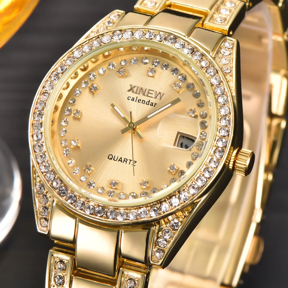 XINEW 2018 Lux Ceasuri de Aur pentru Femei de Oțel Data Ceas de mână Rochie Doamnă Relojes Stras Cuarț Ceasuri Montres Marque de Luxe