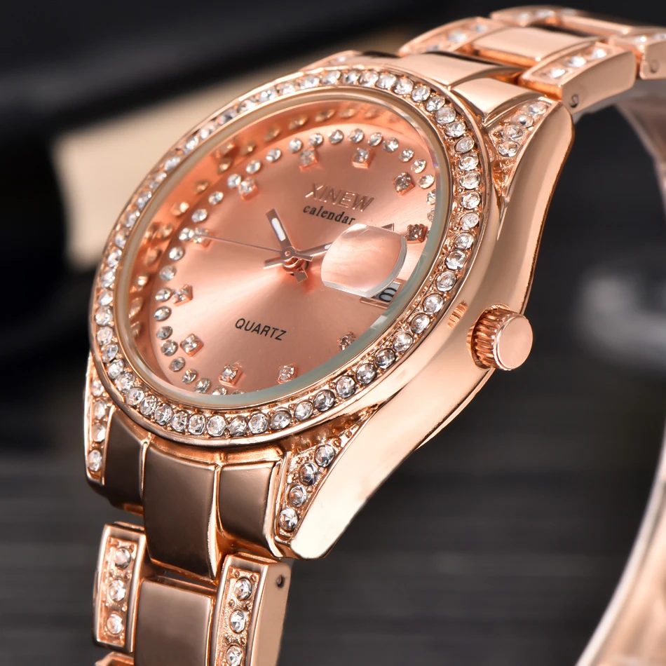 XINEW 2018 Lux Ceasuri de Aur pentru Femei de Oțel Data Ceas de mână Rochie Doamnă Relojes Stras Cuarț Ceasuri Montres Marque de Luxe
