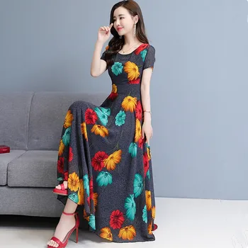 UHYTGF Femei rochie de vara coreean plajă șifon rochii lungi de imprimare de moda rochie bandaj leagăn Mare libertate plus dimensiune rochii 881
