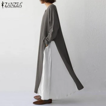 ZANZEA 2021 Primavara Toamna Femei Mâneci Lungi Maxi Dress V-gât Culoare împletit Halat Femme Femei Casual Buzunar Rochie Plus Dimensiune