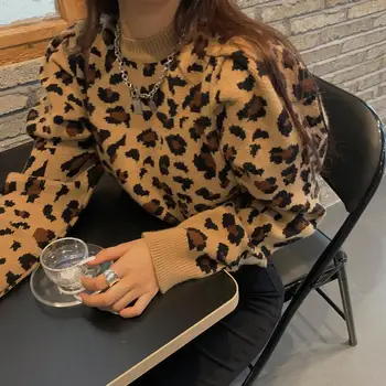 Moda noua leopard de imprimare puff maneca lunga maneca rotund gat pulover tricot pulover vrac