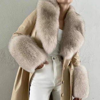 Noi Sosiri de Moda pentru Femei din Piele Lungi Haine de Femei de Iarnă Canadiană Îmbrăcăminte exterioară Reală Blană de Vulpe Guler de Sacou S7930