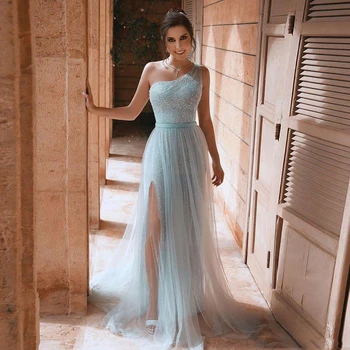 2020 arabă Elegant Cerul Albastru Rochie de Seara Rochii de Un Umar Paiete de Bal Rochii de Partid Mare Split Formale Rochie de petrecere
