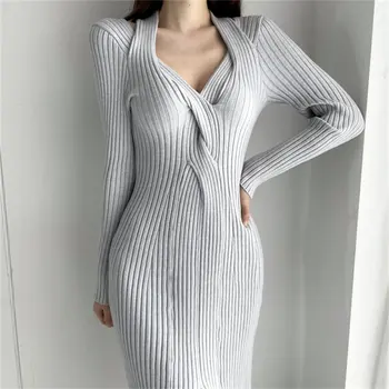 HziriP Nou Design Slim Neregulate Bază Solidă Tricotate Chic 2021 Femei Elegant, De Înaltă Calitate De Vânzare Fierbinte Eleganta Sexy Rochii Lungi