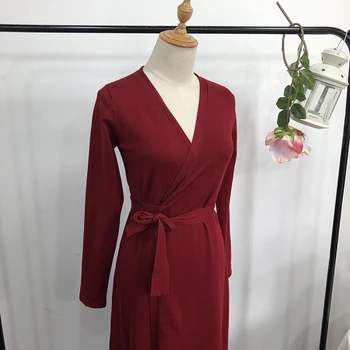 Moda casual pierde tricotate cu maneca lunga-rochie fata sexy v-gât curea de roșu lung cardigan femei confortabil de îmbrăcăminte pentru femei
