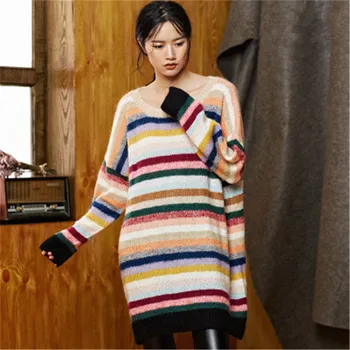 Realizate manual din lână Oneck subțire tricot femei streetwear curcubeu cu dungi H-drepte pulover pulover una si peste dimensiunea