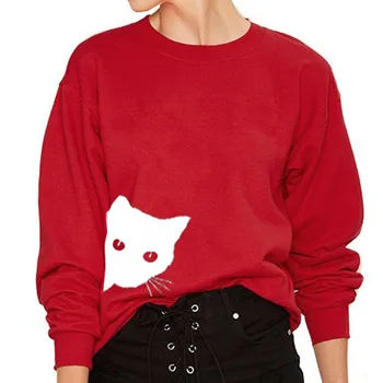 Noul hot stil American de desene animate pisica pulover femei tricou casual cu maneci lungi subțire o-neck tricou femei plus dimensiune
