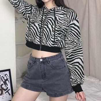 Femei Zebra model Casual Streetwear Hanorac Hanorac Crop Top Jumper Pulover Împletit Scurt Pierde Tricoul