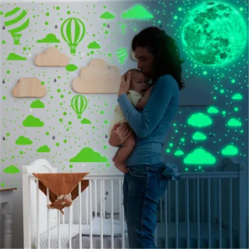 Nor Luminos Balon Cu Aer Cald Autocolante De Perete Pentru Camera Copii Copil Dormitor Strălucire În Întuneric Luna Dot Stele Fluorescente Autocolant De Perete