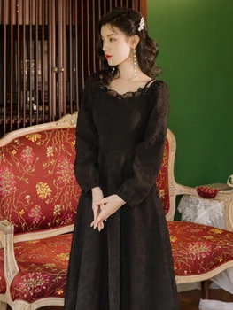 Stil Curtea Stil Francez Pătrat Guler Vintage Fusta Rochie Neagra De Lungime Medie Hepburn Stil Micuta Rochie Neagra Cu Maneci Lungi