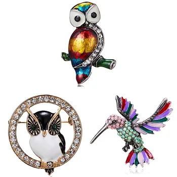 Noua Moda de Animale Drăguț Bufniță pasăre Colibri Multi de Culoare Stras Desen Ulei Broșe Ace Șal de Cristal pentru Femei Fata Cadou