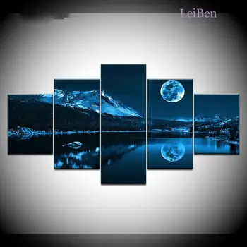 Cinci Piese Modulare Imagine Abstract Hd Poster Art Lacul Albastru Scena De Noapte Luna De Vis Scena Panza Pictura Nordică Modernă, Pictură Murală