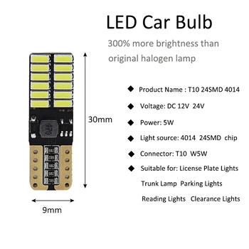 Bec LED T10 Canbus 5W5 Auto W5W LED Semnal Lumina 6000K 12V Auto Pană Partea de interior Dome veioze 4014 24SMD Alb