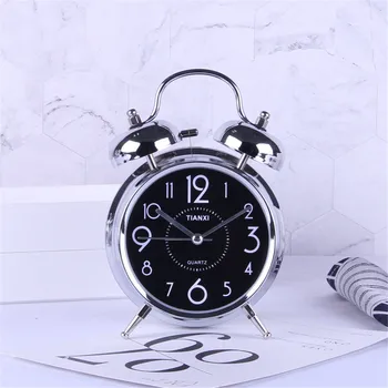 4 inch Elegant Metalic Argintiu Ceas cu Alarmă Funcție de Lumina de Noapte Masă Rotundă Ceasuri Student Noptiera Dimineață Se trezește Bell