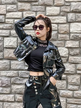 Toamna de moda pentru femei negru Faux din piele de brevet straturi rândul său, în jos guler singur pieptul liber motocicleta jachete de piele pu A210
