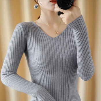 2020 noi de toamna pentru femei topuri Slim-fit V-gât pulover pulover cu mâneci lungi, stramte bottom pulover tricot