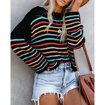 Europene și Americane de moda toamna noi produse colorate cu dungi pulover pentru femei-un fel de gât pulover fara bretele