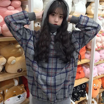 Coreeană Arajuku Chic de Iarna uri de sex Feminin Guler Ridicat Glugă Ulzzang Kawaii Liber Casual cu maneci lungi pentru Femei Tricou