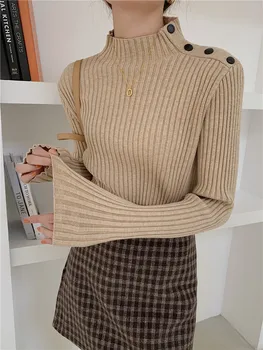 Pulover tricotat gros groapă dungă jumătate de înaltă guler design de umăr butonul back pentru femei pulovere de iarnă 2020 femei guler
