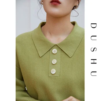 DUSHU Plus dimensiune polo casual verde tricotate pulover Femei, cu maneci lungi pulover supradimensionat Toamna iarna femei top vintage jumper