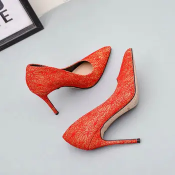 2021 Roșu Tocuri Pantofi de Nunta Femeie Sexy Tocuri Subtiri de Mare 12cm Pompe de Femei Dantele de Mireasa Doamnelor Pantofi a Subliniat Deget de la picior Subțire Plus Dimensiunea 42