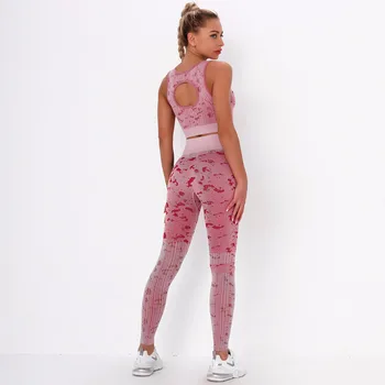Yoga Set Femeile fără Sudură Costum 2 Piese Camuflaj Jacquard Sutien Push-up Pantaloni sală de Gimnastică Antrenament de Fitness de Funcționare Sportwear Tinuta Sport