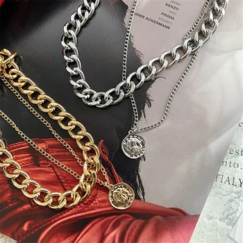 Luokey Epocă Cubanez Link-Ul Lanț Cravată Colier Multistrat Rotund Monedă Clavicula Lanțuri Pandantiv Colier Pentru Femei Bijuterii Hip Hop