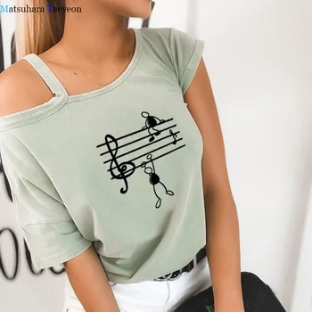 Vara Note Muzicale Print T Camasa pentru Femei Asimetrice de Pe Umăr Iubitor de Muzică Cadou Tricouri Femei Moda Harajuku Femme Topuri