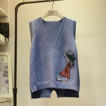 Mori fată de desene animate pentru pulover V neck pulover vrac fără mâneci pulover tricot vesta