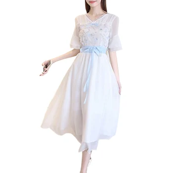 Vara elegante Șifon Florale rochie femei Broderii Vintage V-Neck rochie a-Line moda alb de Semnalizare Manșon Șifon rochie de femei