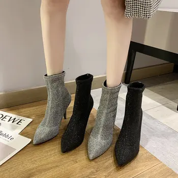 Femei Șosete Cizme Cu Toc Pantofi Cu Tocuri Subtiri Botine Sexy Femeie De Moda 2020 Toamna Iarna Glezna Sequin Cizme Ciorap