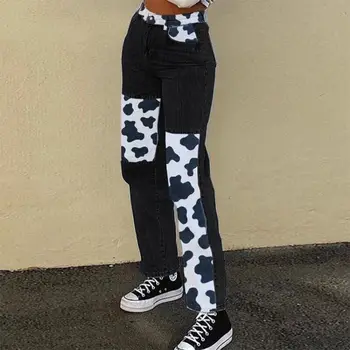 European stil American strada blugi de Primavara Toamna Femei nou de înaltă talie drept vacă de imprimare de cusut pantaloni casual