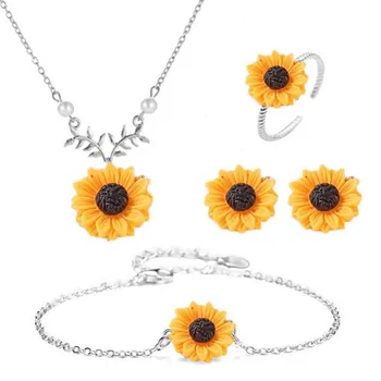 5Pcs/Set Delicat de Moda de Floarea-soarelui Pandantiv Colier Cercei Stud Inel Brățară Femei Creative Set de Bijuterii