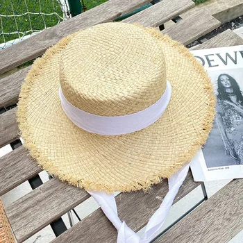 Moda Alb-Negru Panglică Fata Palarie de Soare pentru Femei Vara Palarii de Plaja Margine Largă 9CM în aer liber, Vacanță Rafie Pălării de Paie pentru Femei