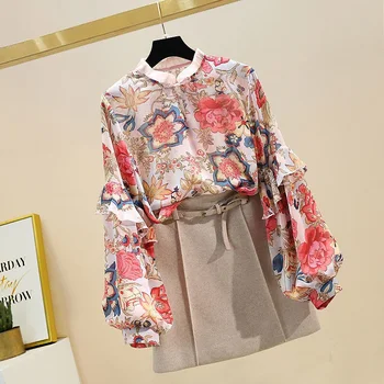 Vara Toamna Femei Florale Șifon Bluza Tricou Indie Folk Imprimate Gât O Lanternă Camasi Cu Maneca Feme Topuri Pentru Femei