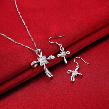 Moda Bowknot Cruce de flori Zircon 925 timbru Colier placat cu argint Cercei Seturi de Bijuterii pentru femei 2017 Nou Partid Seturi de Bijuterii