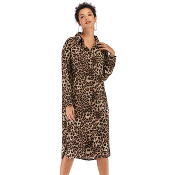 Leopard de Imprimare Rochie de Primăvară 2019 Moda Femei Tricou Lung Rochie Guler de Turn-down Butonul Maneca Lunga Rochie Sexy Vestidos De Festa