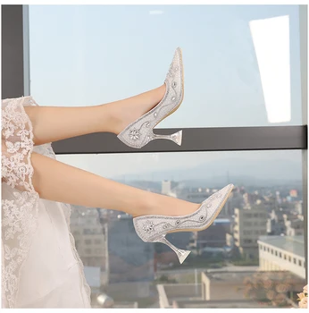 Femeie de nunta pantofi de Cristal argint alb stras tocuri ascuțite toe toc transparent nunta pantofi Stiletto plus dimensiunea 41