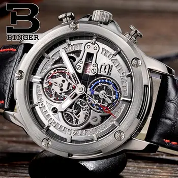 Elveția bărbați ceas brand de lux Ceasuri de mana BINGER Cuarț ceasuri barbati curea din piele Chronograph Diver glowwatch B6009-3